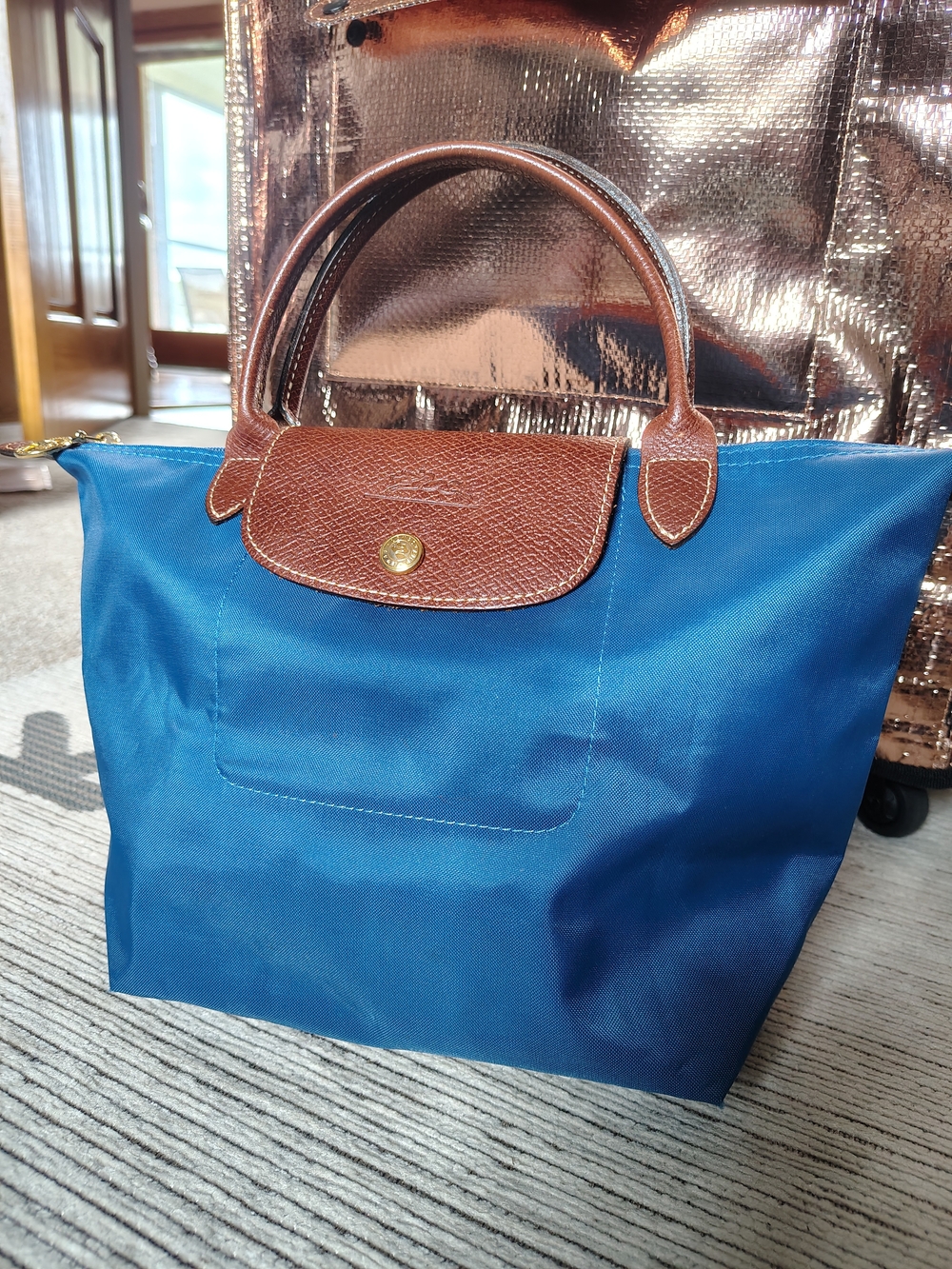 Longchamp Les Pliages Type "S" Blue Nylon Satchel with Brown Leather Trim